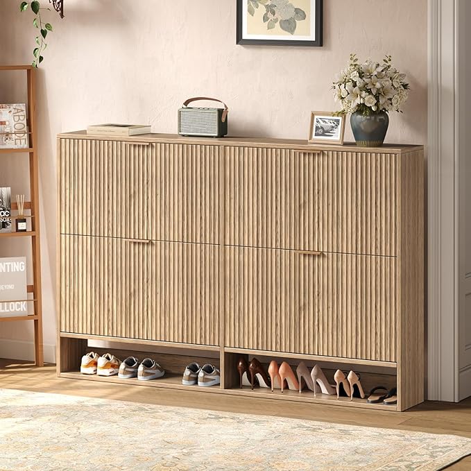 47.2''W Oak Shoe Storage Cabinet for Entryway with 4 Flip Drawers, Narrow Wood Fluted Shoe Rack Cabinet,Freestanding Slim Shoe Organizer Cabinet for Foyer, Hallway