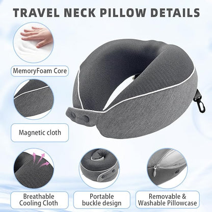 Memory Foam Travel Neck Pillow - with Portable Storage Case, 360° Ergonomic Support for Airplanes & Office, Compact & Portable (Grey)