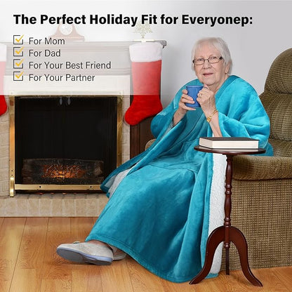 Catalonia Sherpa Wearable Blanket Poncho for Adult Women Men, Wrap Blanket Cape with Pocket, Warm, Soft, Cozy, Snuggly, Comfort Gift, No Sleeves, Aqua