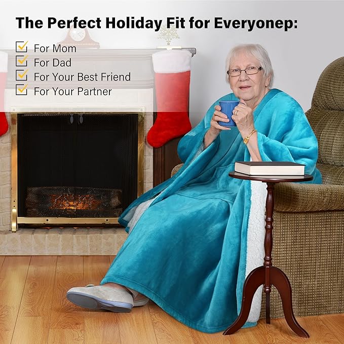 Catalonia Sherpa Wearable Blanket Poncho for Adult Women Men, Wrap Blanket Cape with Pocket, Warm, Soft, Cozy, Snuggly, Comfort Gift, No Sleeves, Aqua