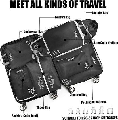 8 Set Expandable Compression Packing Cubes for Suitcases Travel Essentials Carry On Waterproof Storage Bag With Dry And Wet Separation Black