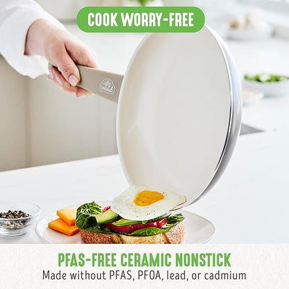 GreenLife 16 Piece Nonstick Cookware Set, Soft Grip Non-Toxic PFAS-Free Ceramic Pots & Pans, Dishwasher & Oven Safe, Frying, Sauce, Saute, Utensils, Glass Lids, Stay-Cool Handles, Wobble Free, Taupe