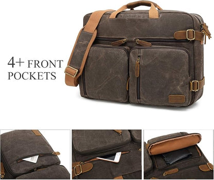 CoolBELL Laptop Messenger Bag Vintage Shoulder Bag Convertible Backpack Retro Briefcase Versatile Travel Bag Fits 17.3 Inch Laptop For Men Business (Waxed Canvas Brown)