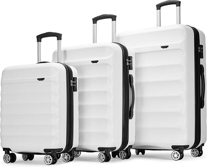 GinzaTravel 3-piece expandable luggage sets with Spinner Wheels， ABS hardshell Suitcase with TSA Lock，Large Luggage for Family Travel & carry on 20/24/28，White color
