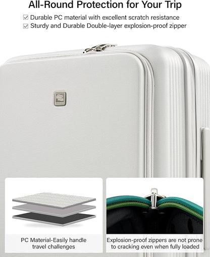 Hanke 24Inch Expandable Luggage Top Opening Medium Checked Luggage Hard Shell Suitcases with Wheels Travel Luggage Rolling Suitcase with Cup Holder(Smoke White)