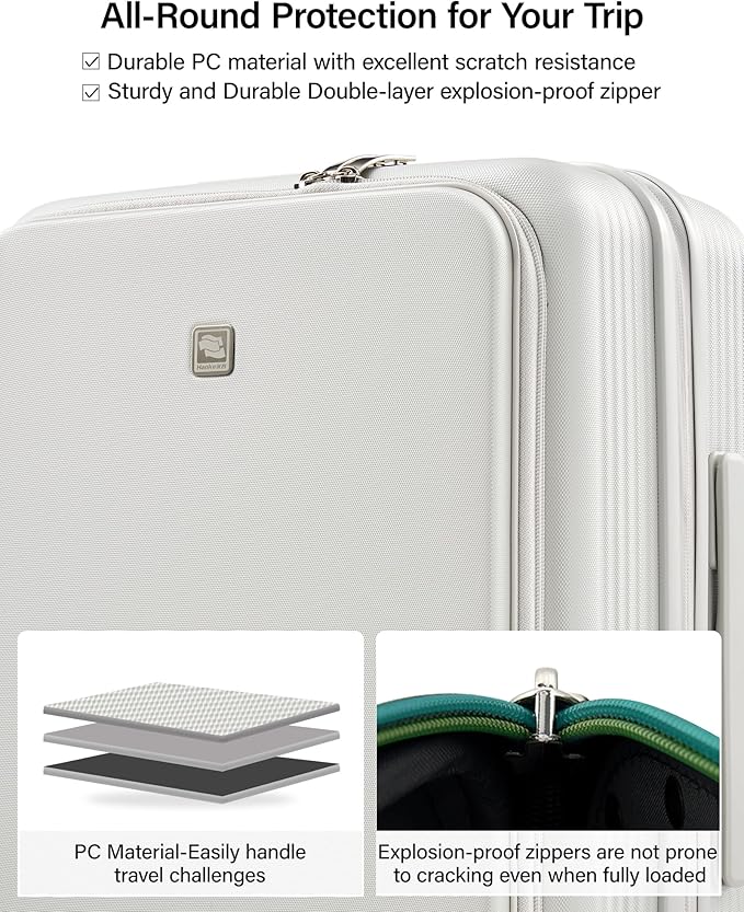 Hanke 20 Inch Expandable Carry On Luggage Airline Approved Top Opening Travel Luggage Rolling Suitcase with Cup Holder Hard Shell Suitcases with Wheels (Smoke White)