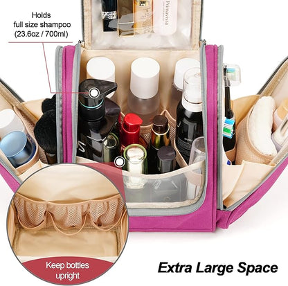 Hanging Travel Toiletry Bag for Women and Men, 6 Organizer Compartments, Extra Large Toiletries Bag, Bathroom Cosmetic Bag, Water-resistant Makeup Bag, Holds Full-Size Shampoo, Rose Red