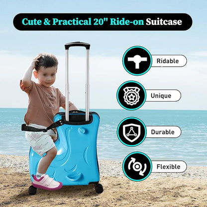 Kids Ride on Suitcase, 20" Ride on Luggage with 4 Wheels, Scooter Suitcase for Boys Girls, Toddler Carry on Suitcases with Safety Belt & Adjustable Handle, Travel Luggage for Ages 3-6 (Blue)