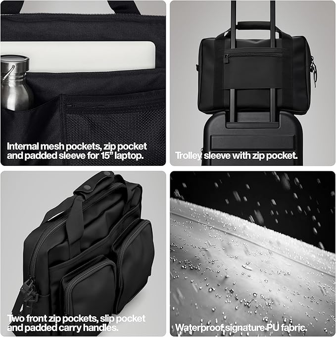 RAINS Texel Tech Bag - Black Waterproof Water Resistant Water Repellent Laptop Bag Unisex Commuter Travel Case 15" Computer Sleeve Tech Organizer - 2 Year Warranty