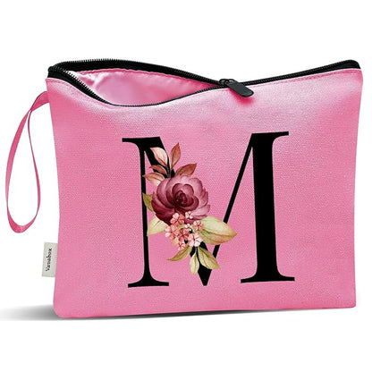 Vavabox A-Z Personalized Makeup Bag, Birthday Gifts for Women Mom, Gifts for Best Friend, Bride Bridesmaid Cosmetic bag (M, Peach)
