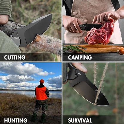 FLISSA Fixed Blade Knife, 7 Inch Full Tang Hunting Knife with Kydex Sheath and Emergency Rope, Tactical Knife for Survival, Camping, Hiking(Black)