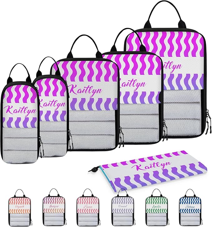 Custom 6 Set Compression Packing Cubes with Name Striped Personalized Compressible Expandable Packing Organizers Luggage Carry On Suitcase Bags Travel Accessories Gifts, Blue Purple