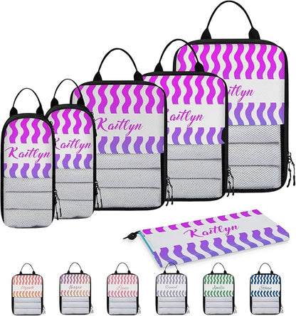 Custom 6 Set Compression Packing Cubes with Name Striped Personalized Compressible Expandable Packing Organizers Luggage Carry On Suitcase Bags Travel Accessories Gifts, Blue Purple