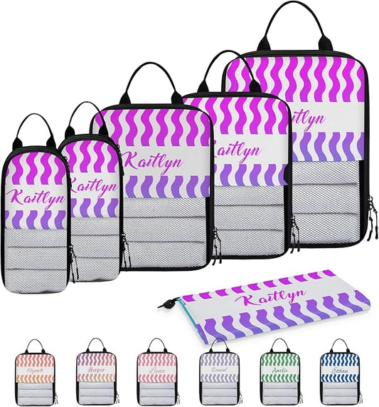 Custom 6 Set Compression Packing Cubes with Name Striped Personalized Compressible Expandable Packing Organizers Luggage Carry On Suitcase Bags Travel Accessories Gifts, Blue Purple