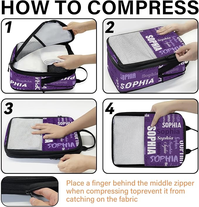 Personalized 6 Set Compression Packing Cubes for Travel Essentials with Name Customized Lightweight Carry on Expandable Luggage Organizer Bags for Women and Men, Purple