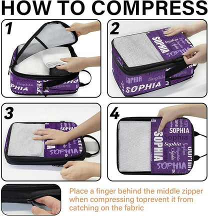 Personalized 6 Set Compression Packing Cubes for Travel Essentials with Name Customized Lightweight Carry on Expandable Luggage Organizer Bags for Women and Men, Purple