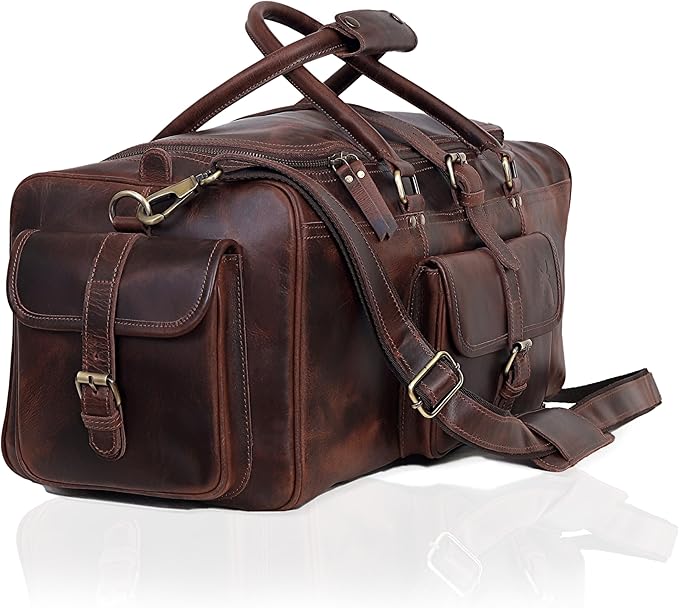 Leather Farm Travel Duffel Bags for Men & Women - Premium 24" Mens Weekender Overnight Gym Bag, Carry-On Luggage with Spacious Compartments, Stylish Leather Duffel Bag for Airplane, Sports & Trips