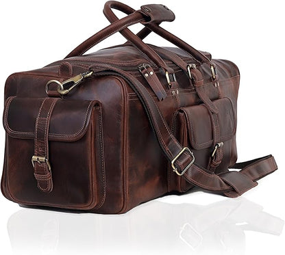 Leather Farm Travel Duffel Bags for Men & Women - Premium 24" Mens Weekender Overnight Gym Bag, Carry-On Luggage with Spacious Compartments, Stylish Leather Duffel Bag for Airplane, Sports & Trips
