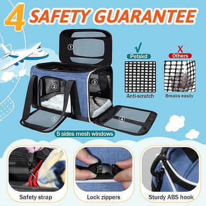 Petskd Top-Expandable Pet Carrier 18x11x11 Inches Delta American United Airline Approved, Soft-Sided Carrier for Small Cats and Dogs with Locking Safety Zippers and Anti-Scratch Mesh(Blue)