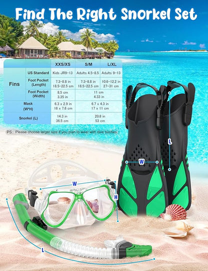 Zenoplige Mask Fins Snorkel Set, Snorkeling Gear for Adults, Panoramic View Snorkel Mask Anti-Fog, Adjustable Dive Flippers, Dry Top Snorkel and Travel Bag, Scuba Gear for Swimming Snorkeling Diving