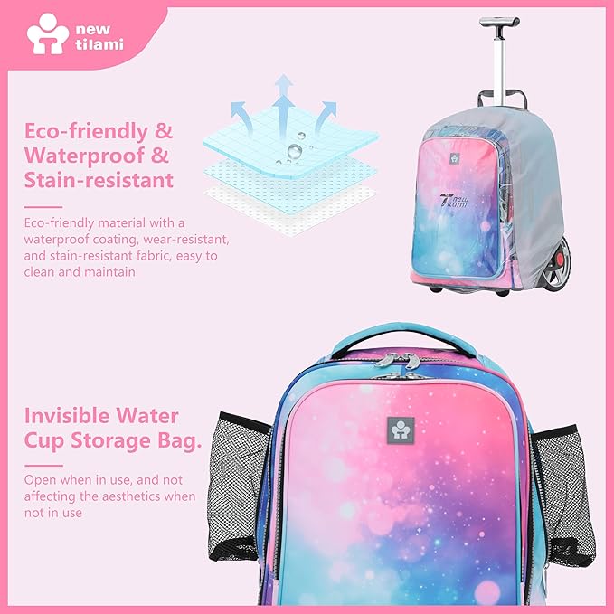 NEW TILAMI 20" Rolling Backpack for Teens Adults, Climbing Stairs Waterproof Backpack with Wheels for School Business Trave Camping with Laptop Compartment, Fit 17 Inch Laptop, Pop Gradient