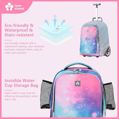 NEW TILAMI 20" Rolling Backpack for Teens Adults, Climbing Stairs Waterproof Backpack with Wheels for School Business Trave Camping with Laptop Compartment, Fit 17 Inch Laptop, Pop Gradient