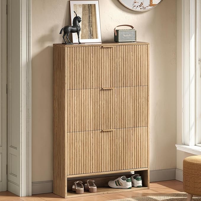 Oak Tall Shoe Storage Cabinet for Entryway with 3 Flip Drawers, Fluted Slim Shoe Cabinet, Free Standing Wooden Shoes Organizer for Foyer, Hallway