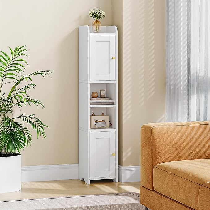Slim Bathroom Storage Cabinet, Narrow Storage Cabinet with 2 Doors, Open Space，Adjustable Shelf, Freestanding Bathroom Organizer for Laundry Room, Kitchen, Living Room, White 022413X