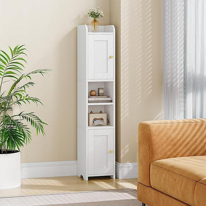 Slim Bathroom Storage Cabinet, Narrow Storage Cabinet with 2 Doors, Open Space，Adjustable Shelf, Freestanding Bathroom Organizer for Laundry Room, Kitchen, Living Room, White 022413X