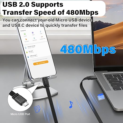 Flexible USB Type-C to Micro USB Cable,Micro 5pin to USB C Flat Data Cable,Type C-to-Micro Short Flat Cable Supporting Charging& DataTransfer,for Phone,Camera,Laptop-30CM(Straight)