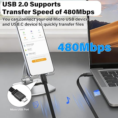 Flexible USB Type-C to Micro USB Cable,Micro 5pin to USB C Flat Data Cable,Type C-to-Micro Short Flat Cable Supporting Charging& DataTransfer,for Phone,Camera,Laptop-30CM(Straight)