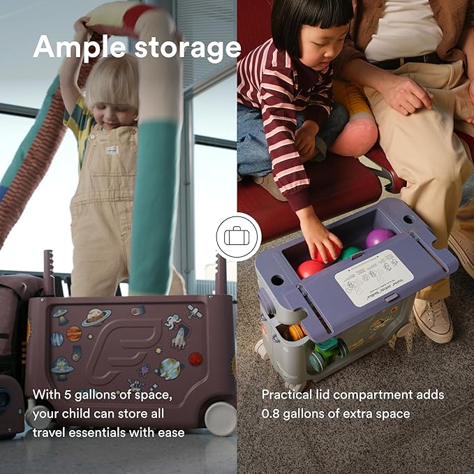 Stokke JetKids BedBox, Midnight Grey - Ride-On Suitcase for Kids 2-7 Years Old (up to 77 lbs) - Transforms Into Bed - Includes Mattress, Decorative Stickers & Adjustable Carrying Strap