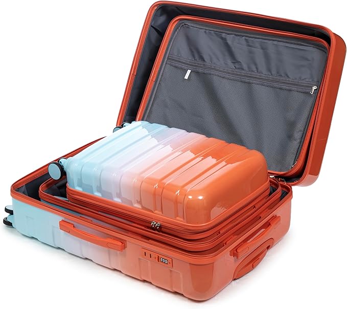 Campfun 3 Piece Luggage Sets, PC Gradient Color Suitcase Set with Double Spinner Wheels, Durable Carry On Luggage with Combination Lock, 20/24/28 inch, Red+Blue