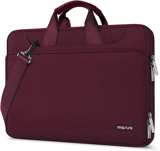 MOSISO 360 Protective Laptop Shoulder Bag Compatible with MacBook Air/Pro, 13-13.3 inch Notebook, Compatible with MacBook Pro 14 inch M5 M4 M3 M2 M1,Matching Color Sleeve with Belt, Wine Red