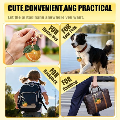 Leather Keychain for Airtag, Cute Protective Keychain Holder Compatible with Apple Air Tag,GPS Item Tracker Case Cover for Keys,Bags,Pets,Luggage(Orange)