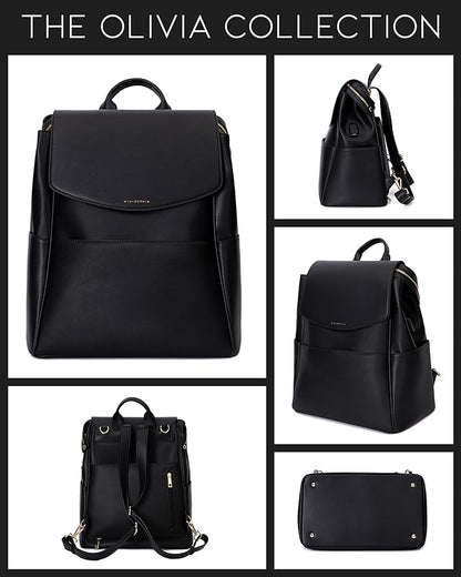 MIA + SOPHIA Leather Diaper Bag Backpack with USB Charging port, Changing Pad, Stroller Straps, and Bottle Holder (Black Olivia)