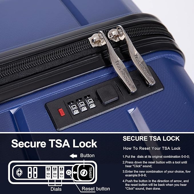 Luggage Sets Wear-Resistance Hardside Lightweight Suitcase Double Spinner Wheels, TSA Lock,Two Hooks, Scratch-resistant Carry-on,3 Piece Set(20inch 24inch 28inch) (Blue)