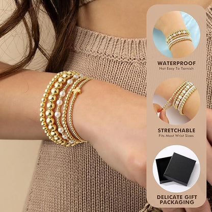 Yoosteel Gold Beaded Bracelets Set for Women Teen Girl Gifts Non Tarnish - 14K Gold Plated Dainty Round Bead Ball Pearl Cross Bracelet Stack for Women Teenage Girls Stackable Jewelry Christmas Gifts