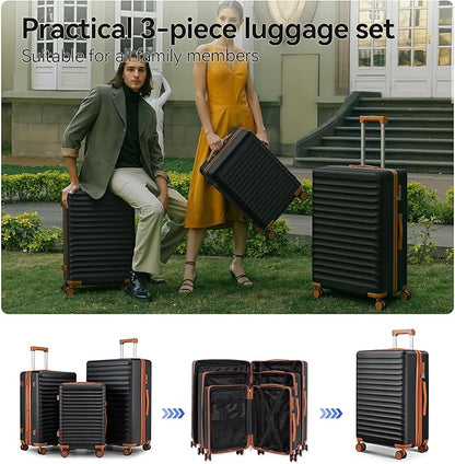 Travel Suitcase Sets 3 Piece, Expandable Hardshell Luggage Sets 3pcs with TSA Lock Spinner Wheels, Black-Brown (20''/24''/28")