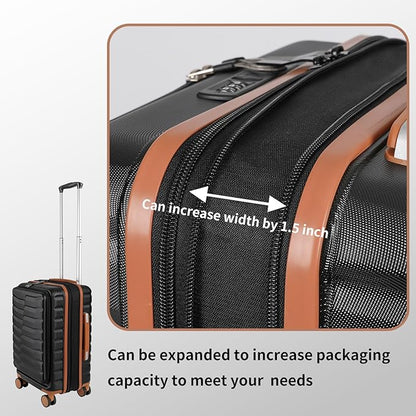 22×14×9 Airline Approved Carry On Expandable Luggage with Front Open Pocket, Spinner Wheels, ABS+PC Hardshell Small 20inch Suitcase with Protective Cover and Luggage Tag, Black