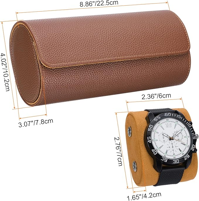 HARFINGTON Watch Roll Travel Case 3 Slot Portable Leather Watch Case for Men and Women, Watches Storage Organizer with Removable Pillow for Traveling, Display, Textured Brown