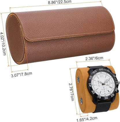 HARFINGTON Watch Roll Travel Case 3 Slot Portable Leather Watch Case for Men and Women, Watches Storage Organizer with Removable Pillow for Traveling, Display, Textured Brown