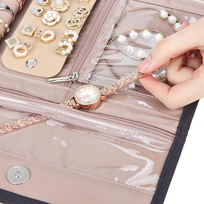 BELALIFE Travel Jewelry Case Organizer, Medium Foldable Storage Roll for Earrings, Necklaces, Rings, Bracelets, Brooches, Black