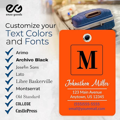 Personalized Luggage Tag | 4 Pack | Custom Luggage Tags for Suitcases | Kids Backpack Tag | 10 Color Options & Choose Font, Font Color