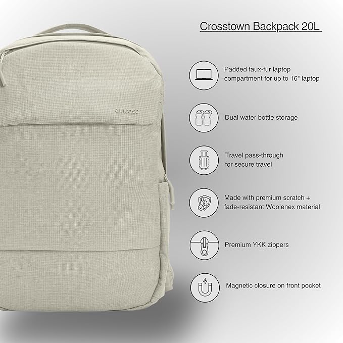 Incase Crosstown Backpack – 20L Everyday Laptop Backpack for Work, Travel – 16" Faux Fur Laptop Sleeve, External Front Pocket, Water Bottle Pockets, Travel Pass Through - Limestone