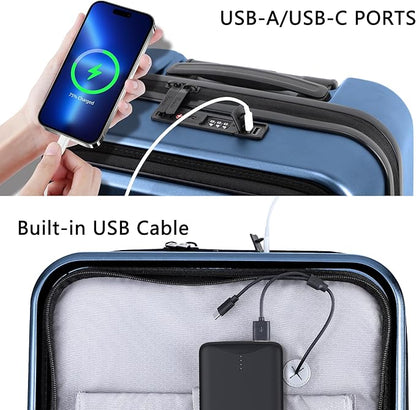 Luggage Sets 2 Piece, Carry On Luggage with Front Pocket & USB Port and 28 Inch Expandable Checked Luggage with Top Opening, Durable PC Hardside Suitcases with Spinner Wheels & TSA Lock, Blue (20/28)