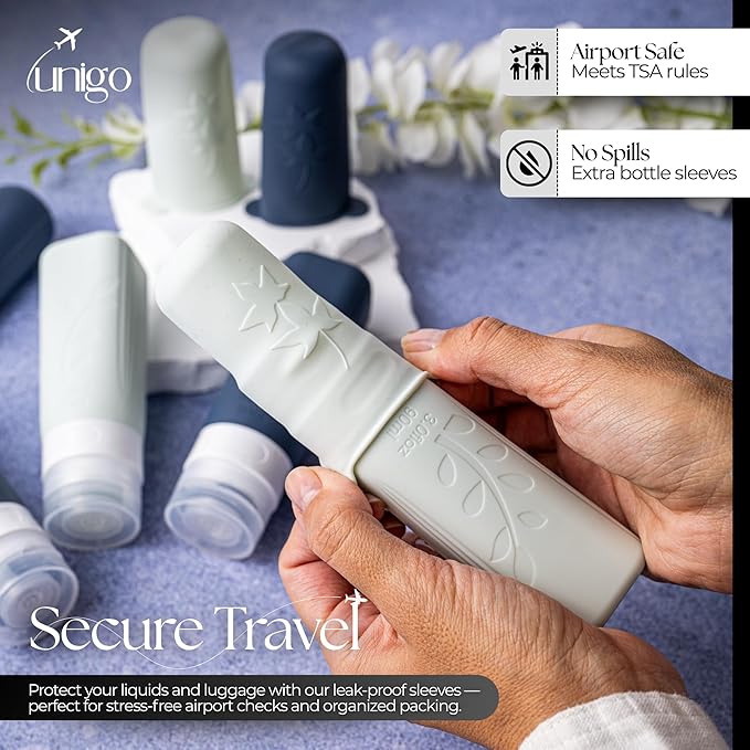unigo Travel Bottles For Toiletries, 3.oz TSA Approved Containers, Travel Size Toiletries, Shampoo and Conditioner Bottles, Leak Proof and Refillable Bottles, Extra Bottle Covers (White,Black)