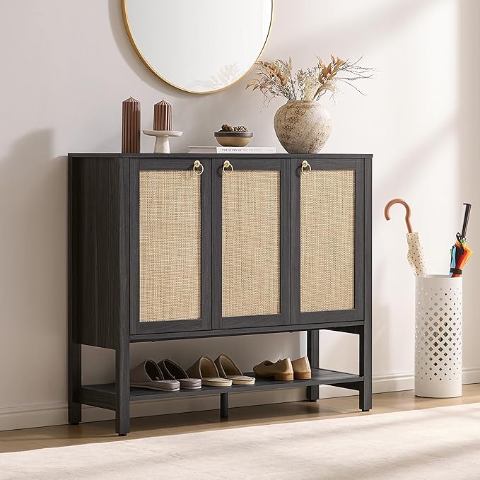 SICOTAS Shoe Cabinet with Storage - 30 Pairs Rattan Shoe Organizer with Adjustable Shelves & 3 Doors, Boho 46'' Wide Shoe Rack Cabinet for Entryway, Hallway, Living Room (Obsidian)
