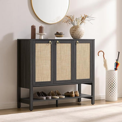 SICOTAS Shoe Cabinet with Storage - 30 Pairs Rattan Shoe Organizer with Adjustable Shelves & 3 Doors, Boho 46'' Wide Shoe Rack Cabinet for Entryway, Hallway, Living Room (Obsidian)