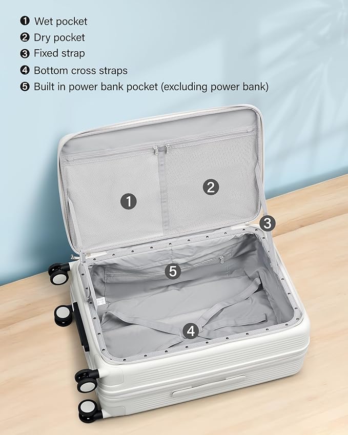 Hanke 24Inch Expandable Luggage Top Opening Medium Checked Luggage Hard Shell Suitcases with Wheels Travel Luggage Rolling Suitcase with Cup Holder(Smoke White)